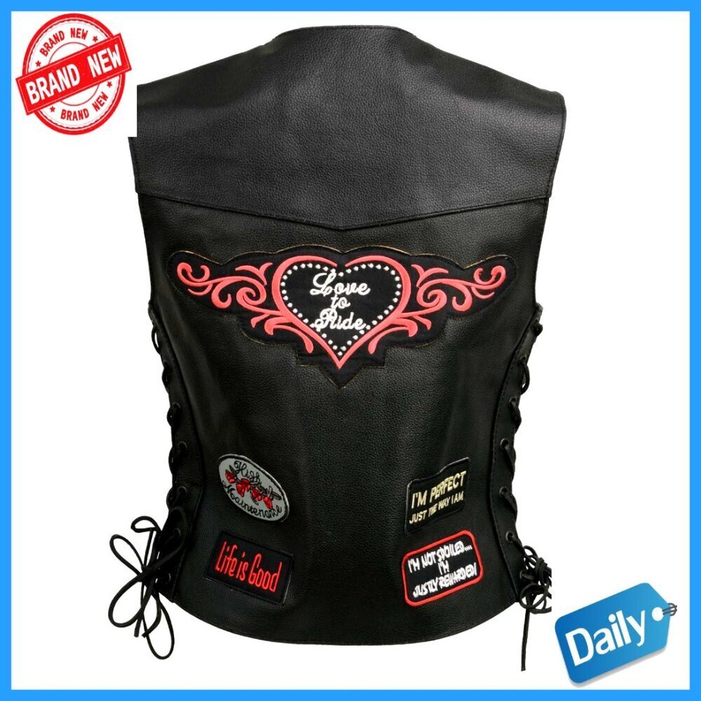 Leather Motorcycle Vest with Patches, Side Laces, Snap Closure